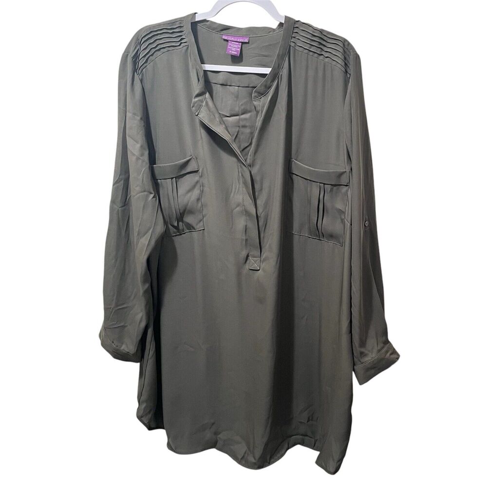 Beverly Drive Womens Olive Green Blouse Plus Size 24W 26W Roll Tab Sleeve Tunic